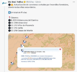 La DGT vuelve a elevar a 11 las carreteras cortadas por los incendios