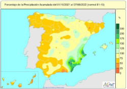 La falta de lluvias en Espa&ntilde;a desde el 1 de octubre de 2021 hasta el 7 de junio de 2022 llega al 25%