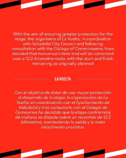 La Vuelta reduce a 12,2 kil&oacute;metros la crono de Valladolid para dotar de "mayor protecci&oacute;n" al desarrollo de la etapa