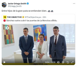 Ortega Smith (Vox) vuelve a descalificar a Pedro S&aacute;nchez en redes sociales y ahora le llama "hijo de la gran puta"